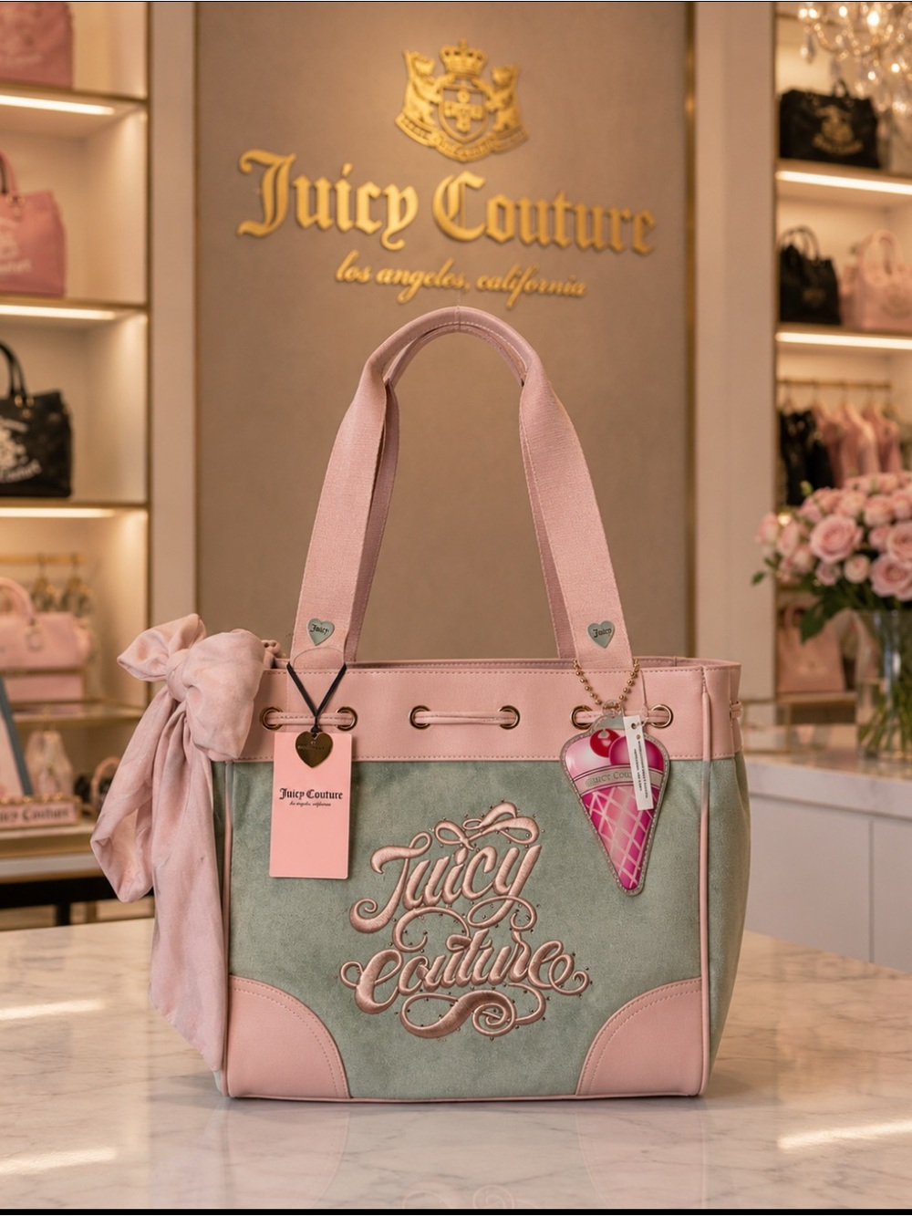 Juicy Couture Pink and Sage Logo Tote with Charm and Bow ICE CREAM EDITION RARE